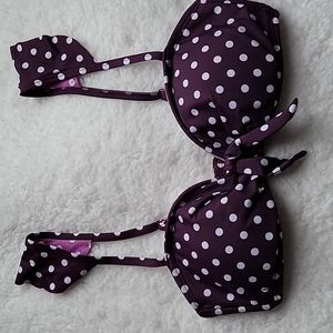 Express Wine and White Polka Dot Bikini Top with Ruffle Shoulder
